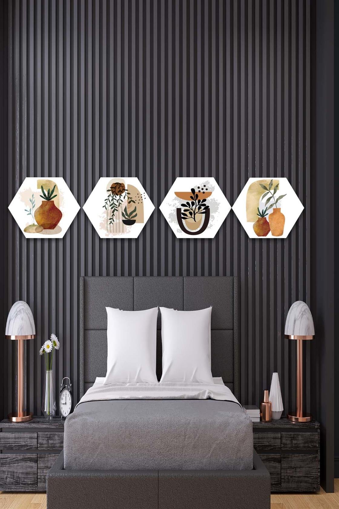 4 Parça Petek Suluboya Modern Tarzda Tasarım Uv Baskı Mdf Tablo Seti