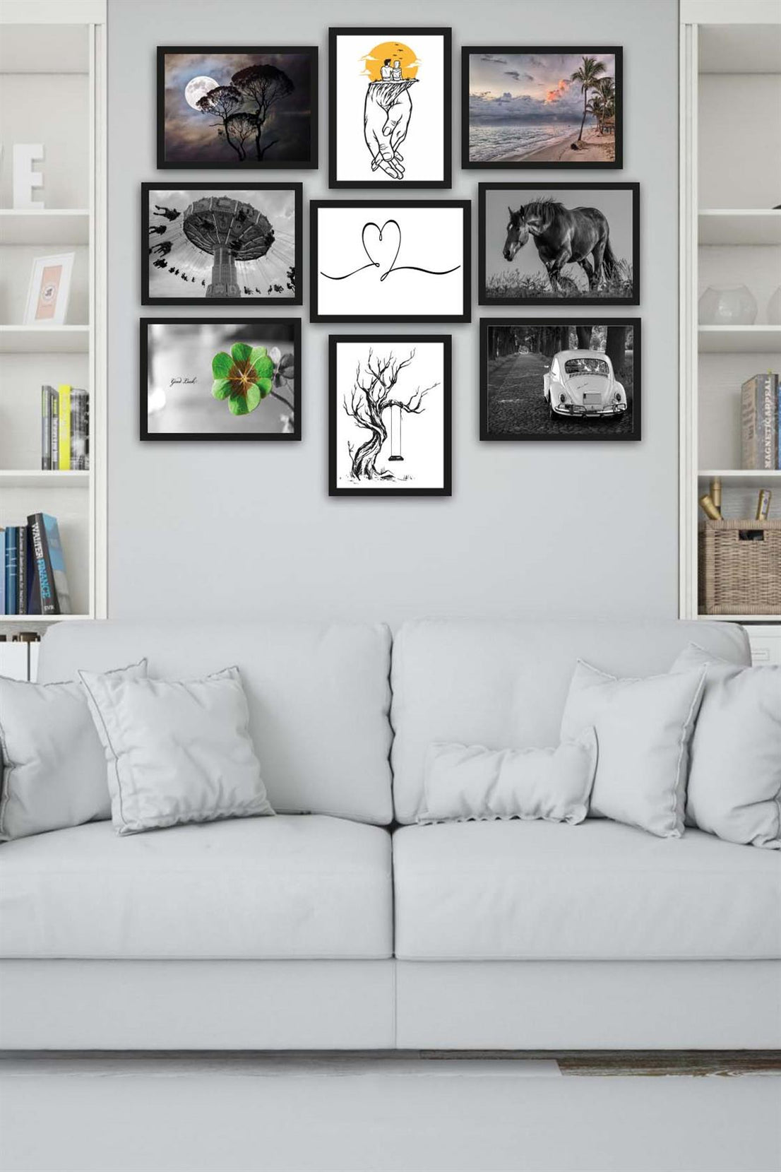 9 Parça Siyah Beyaz Tarzında Siyah Çerçeve Görünümlü Uv Baskı Mdf Tablo Seti