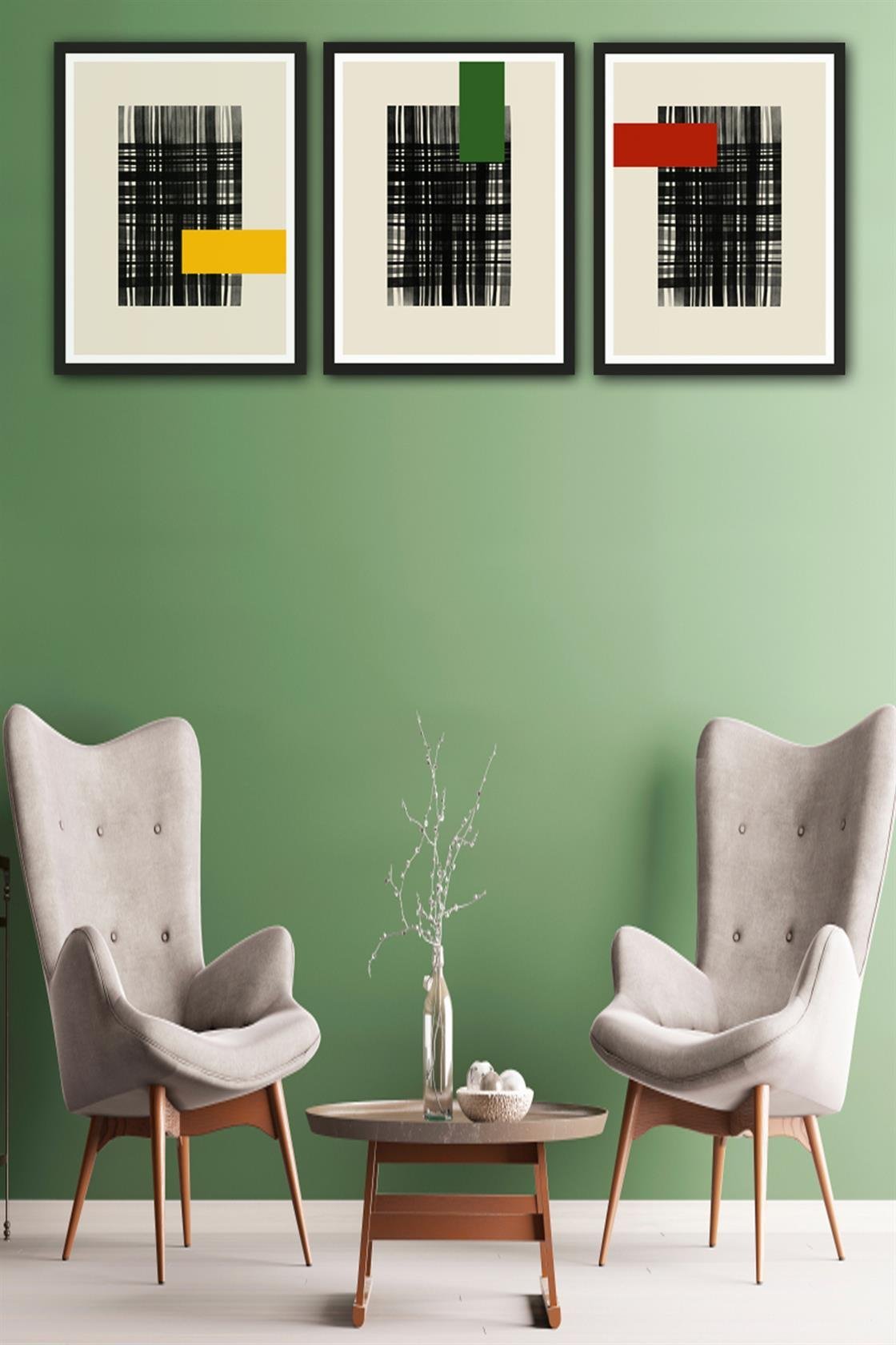 3 Parça Modern Sanat Tarzında Siyah Çerçeve Görünümlü Uv Baskı Mdf Tablo Seti