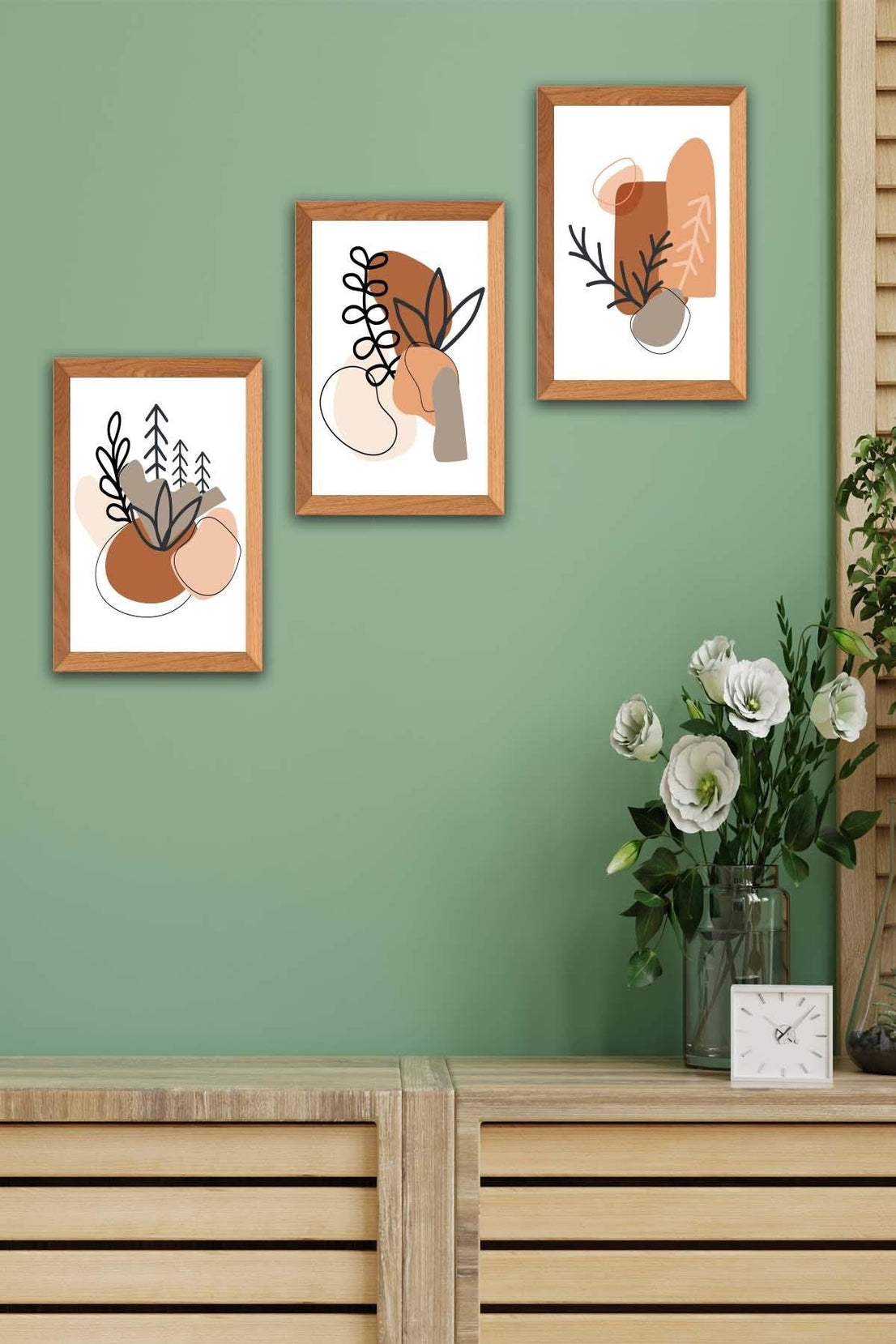 Bohem Tarzında Dal Temalı Ahşap Çerçeve Görünümlü Tablo Seti