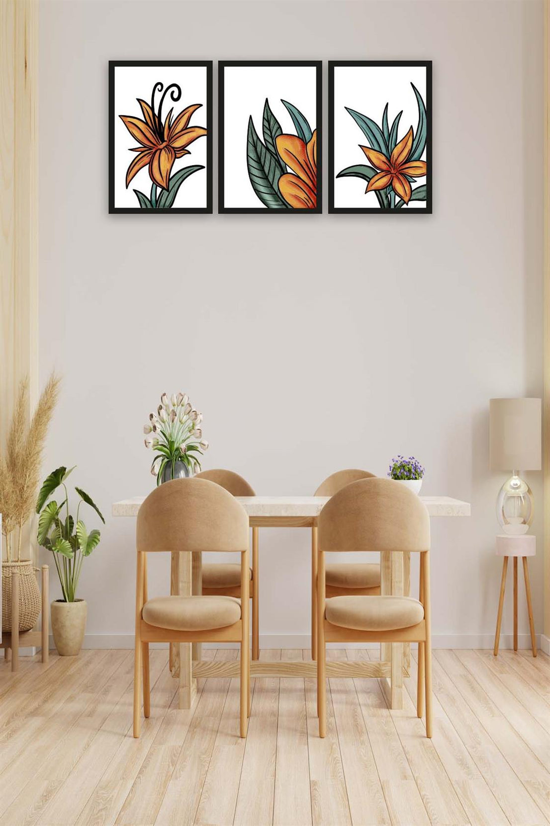 3 Parça Turuncu Yapraklı Çiçek Tarzda Sanatsal Siyah Çerçeve Görünümlü Uv Baskı Mdf Tablo Seti