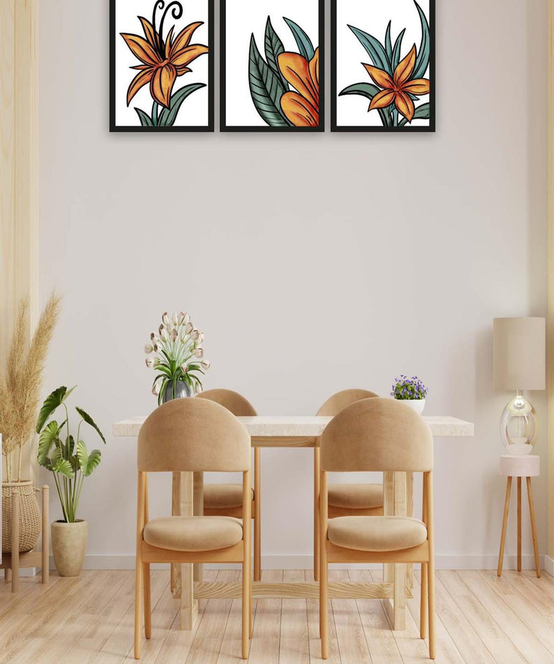 3 Parça Turuncu Yapraklı Çiçek Tarzda Sanatsal Siyah Çerçeve Görünümlü Uv Baskı Mdf Tablo Seti