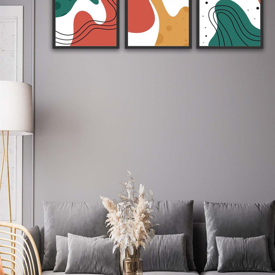 3 Parça Renkli Modern Tarzda Siyah Çerçeve Görünümlü Uv Baskı Mdf Tablo Seti