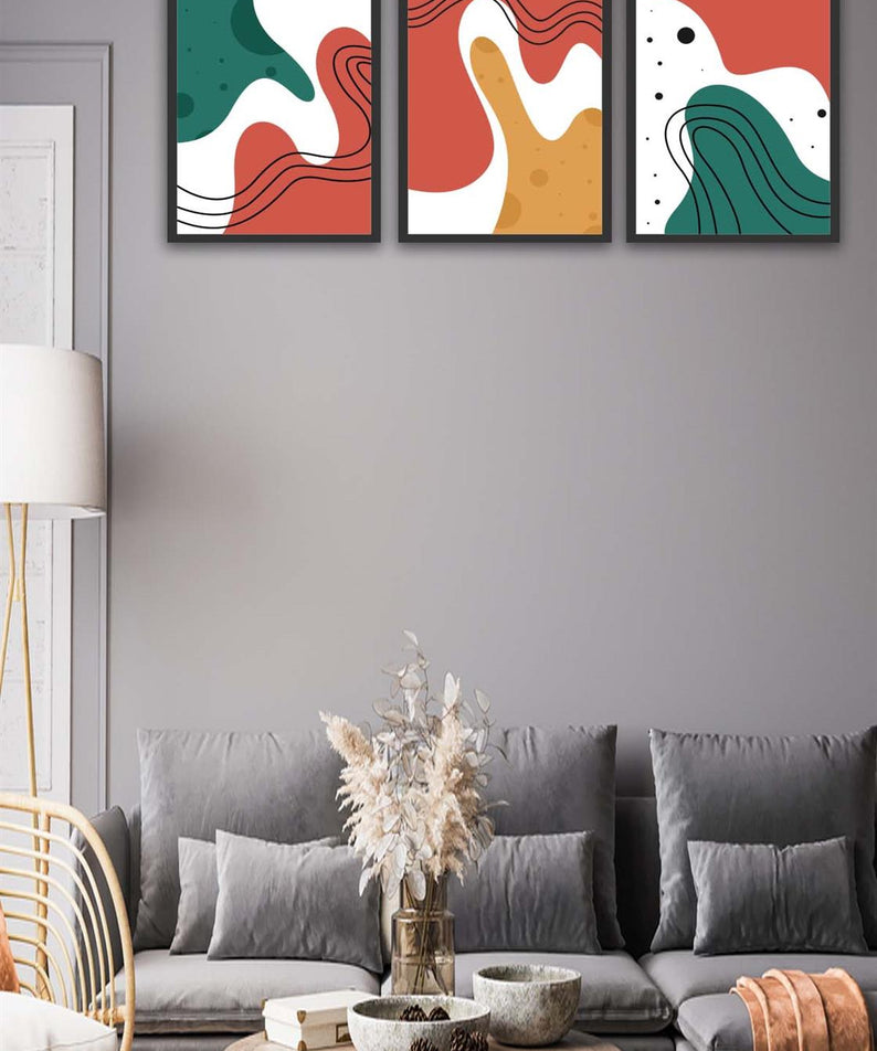 3 Parça Renkli Modern Tarzda Siyah Çerçeve Görünümlü Uv Baskı Mdf Tablo Seti