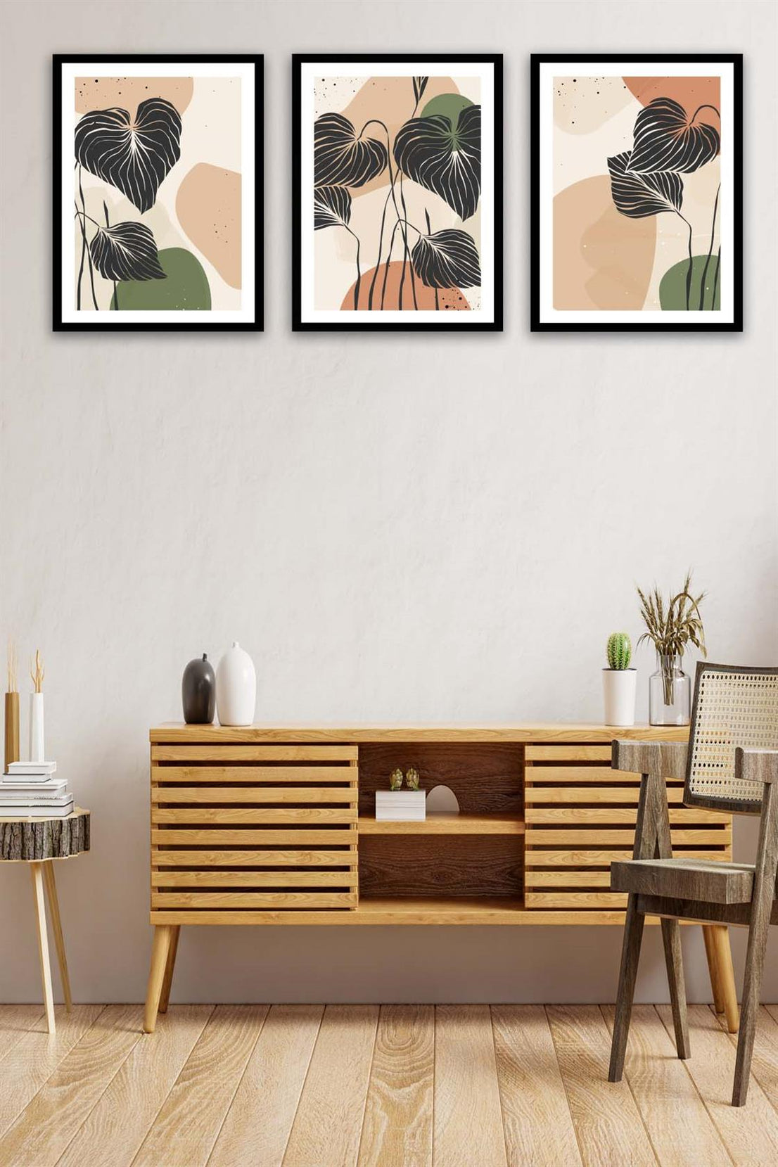 3 Parça Botanik Çiçek Bohem Tasarım Uv Baskı Mdf Tablo Seti