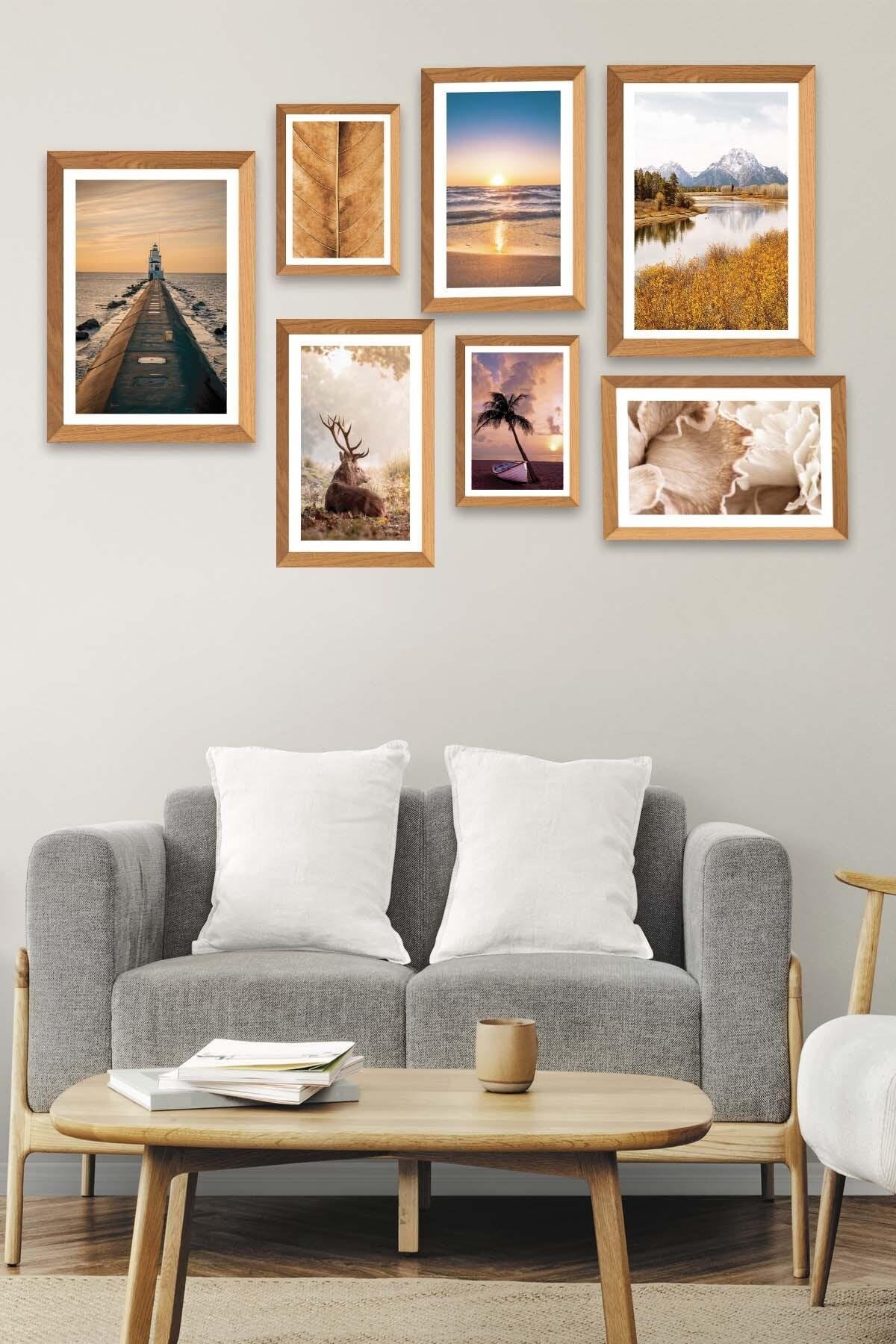 Deniz Feneri Manzara Ve Geyik Temalı Ahşap Çerçeve Görünümlü Tablo Seti