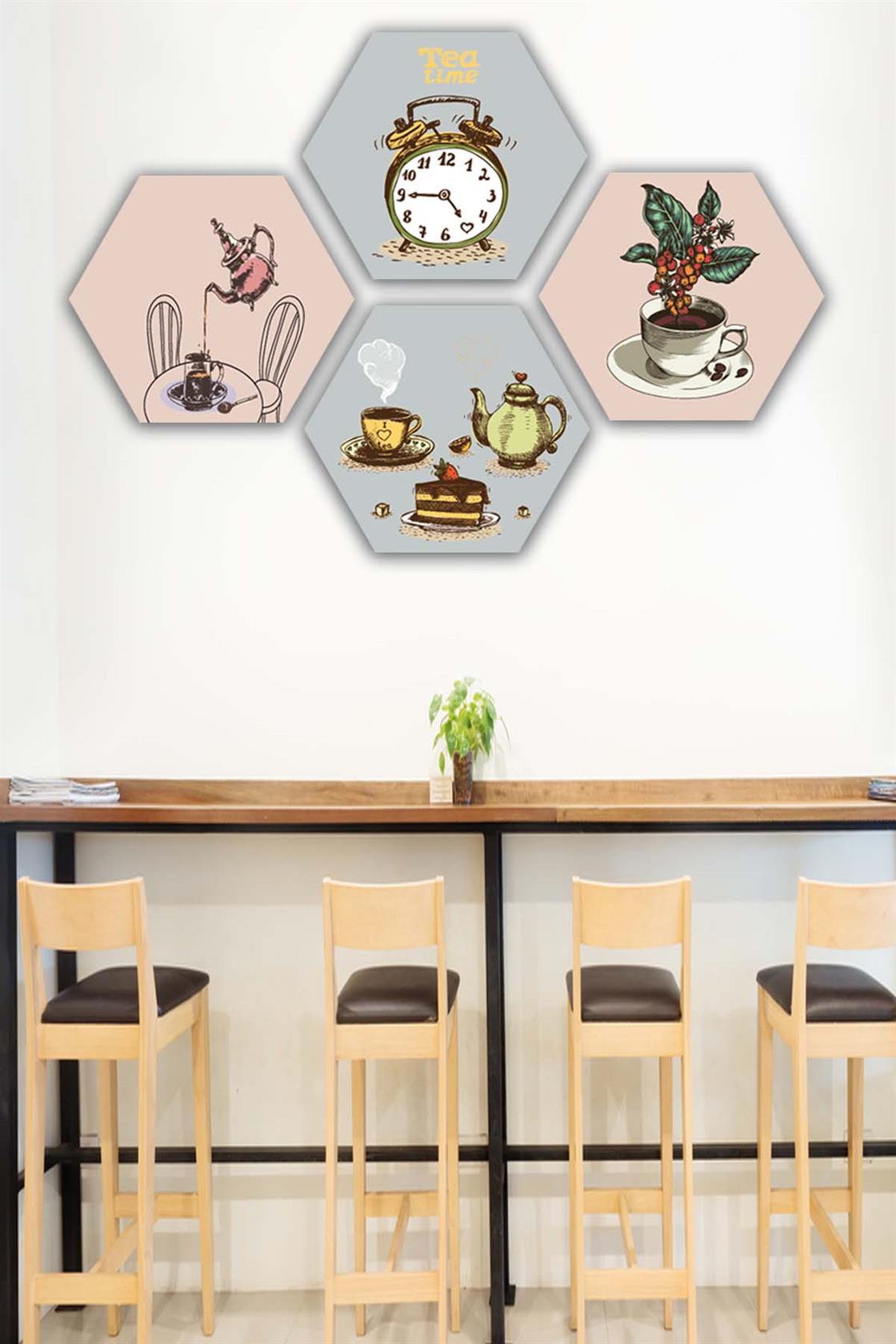 4 Parça Altıgen Petek Tasarım Mdf Tablo Seti