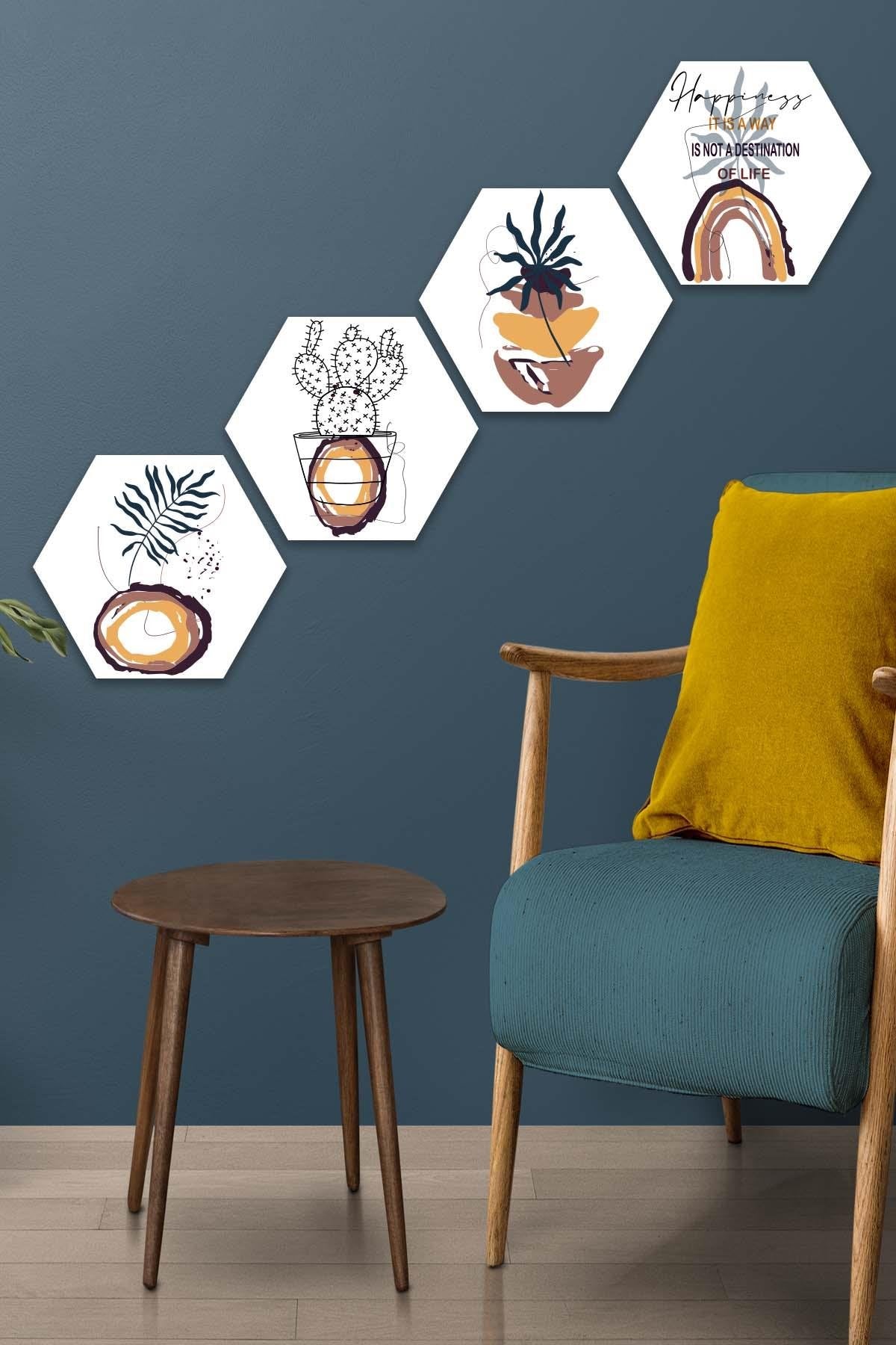 4 Parça Modern Tarzda Petek Tasarım Tablo Seti