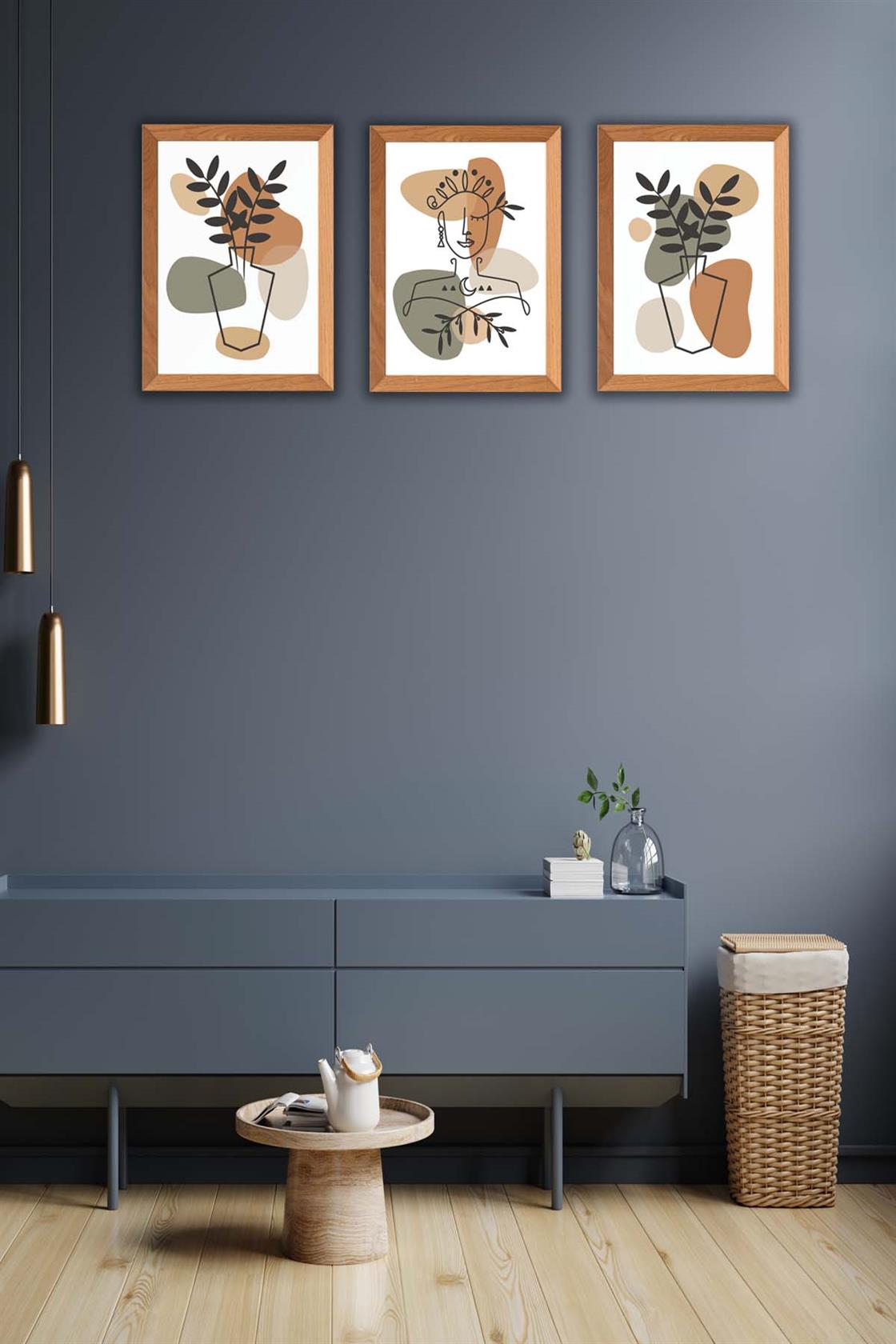 3 Parça Bohem Tarzı Sanatsal Ahşap Çerçeve Görünümlü Tablo Seti