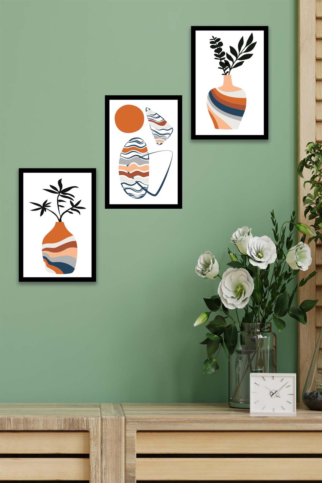 3 Parça Vazo Bohem Tarzında Siyah Çerçeve Görünümlü Dijital Baskı Tablo Seti