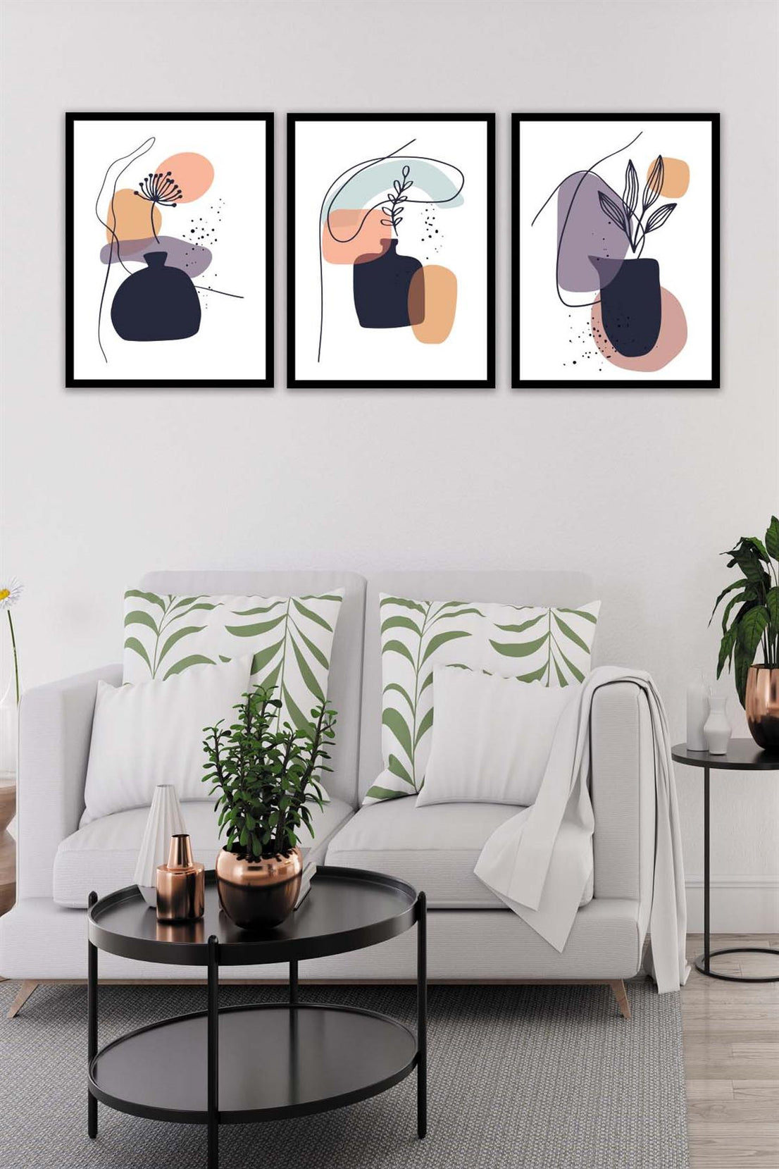 3 Parça Bohem Tarzında Sanatsal Siyah Çerçeve Görünümlü Dijital Baskı Tablo Seti