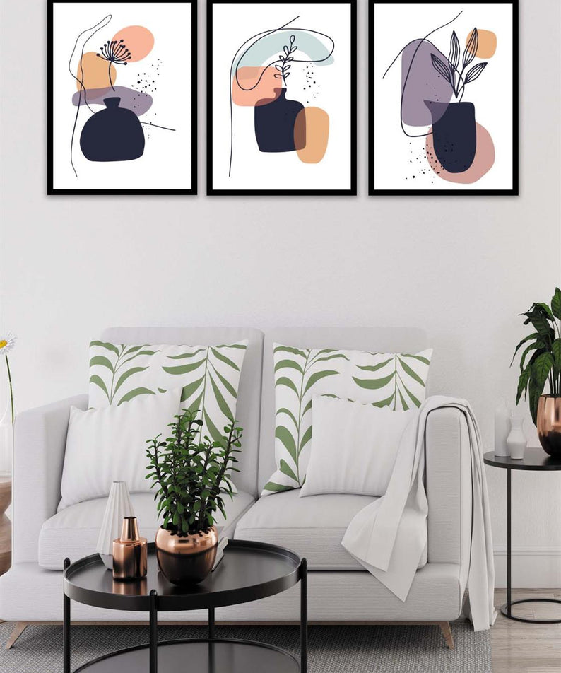 3 Parça Bohem Tarzında Sanatsal Siyah Çerçeve Görünümlü Dijital Baskı Tablo Seti