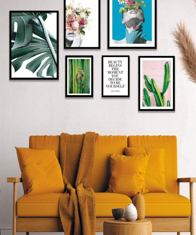 Sanatsal Kadın Yeşil Çiçek Ve Kaktüs Temalı Tablo Seti