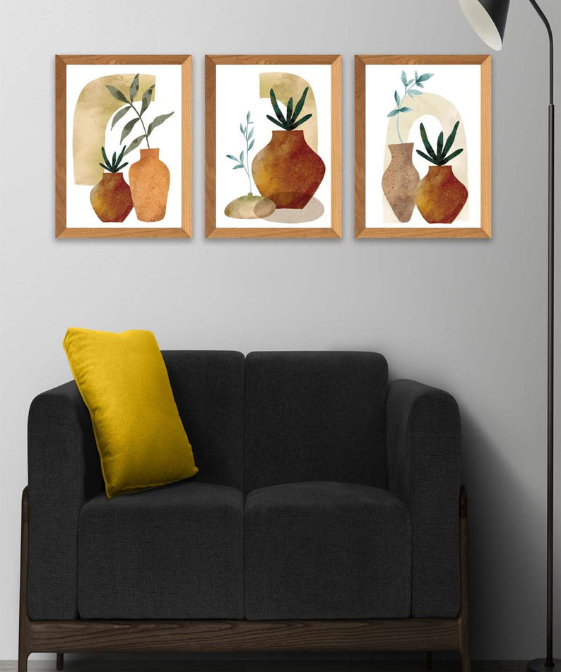 3 Parça Sanatsal Suluboya Bohem Tarzda (Ahşap Çerçeve Görünümlü) Uv Baskı Mdf Tablo Seti