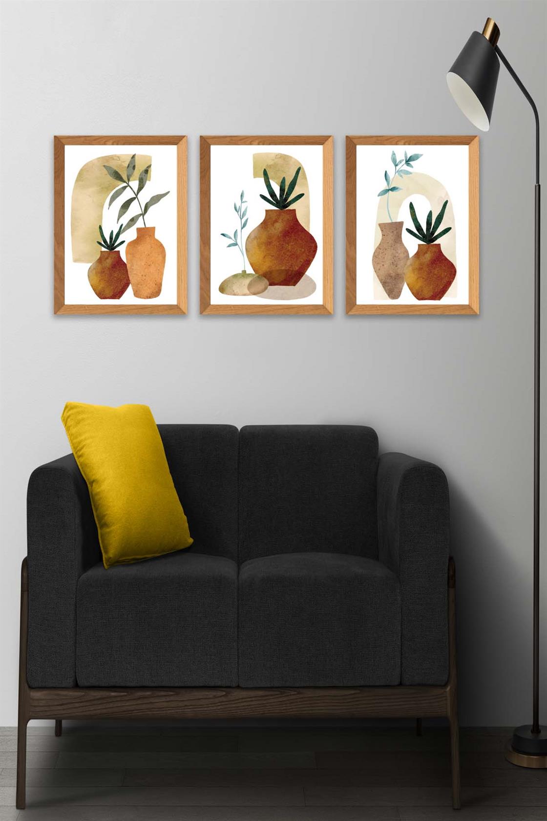 3 Parça Sanatsal Suluboya Bohem Tarzda (Ahşap Çerçeve Görünümlü) Uv Baskı Mdf Tablo Seti