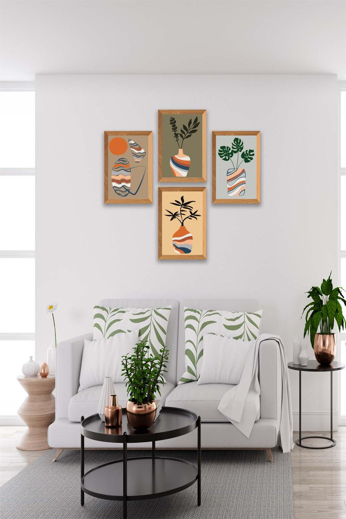 4 Parça Vazo Bohem Tarzında Ahşap Çerçeve Görünümlü Dijital Baskı Tablo Seti