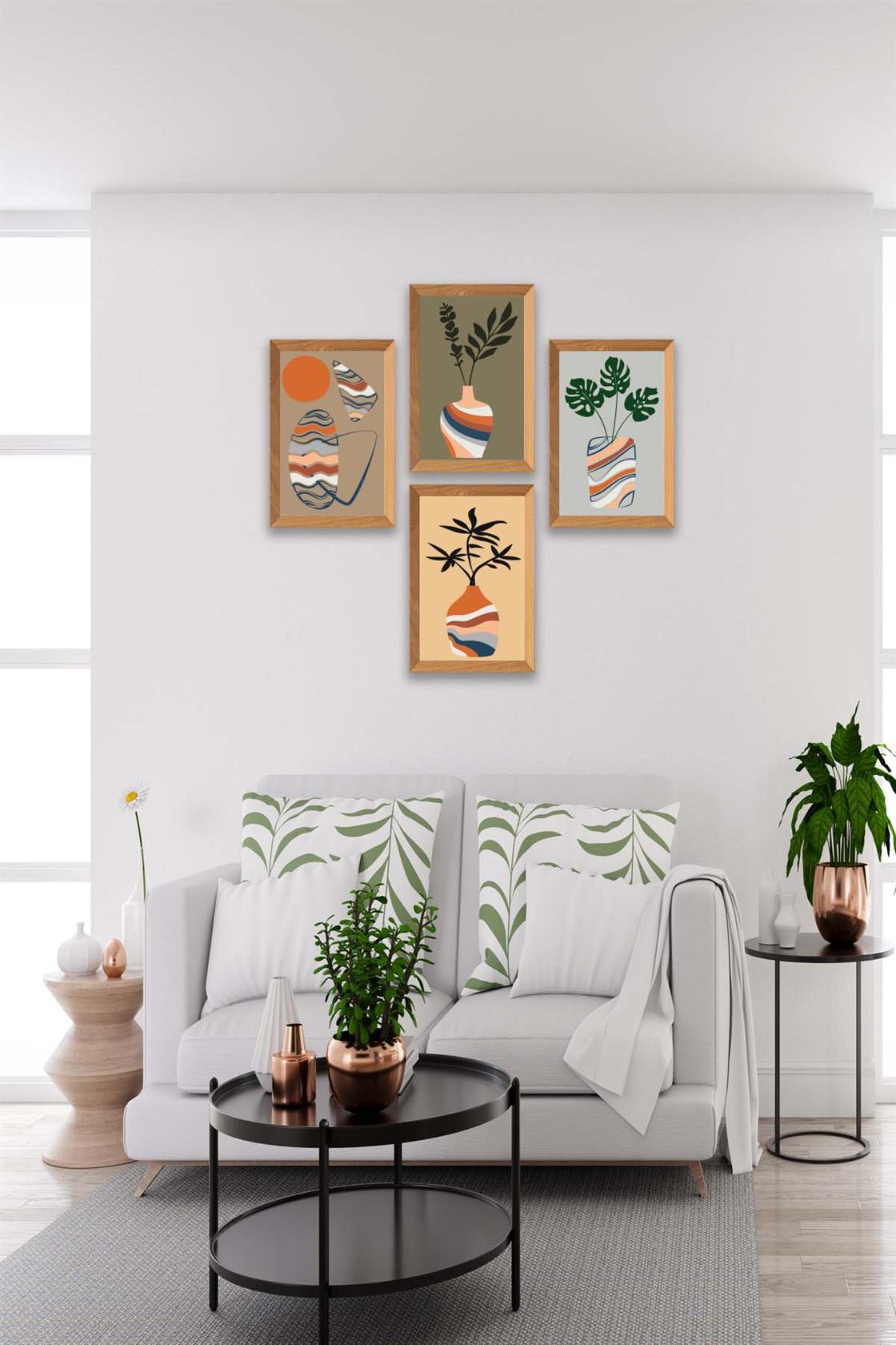 4 Parça Vazo Bohem Tarzında Ahşap Çerçeve Görünümlü Dijital Baskı Tablo Seti