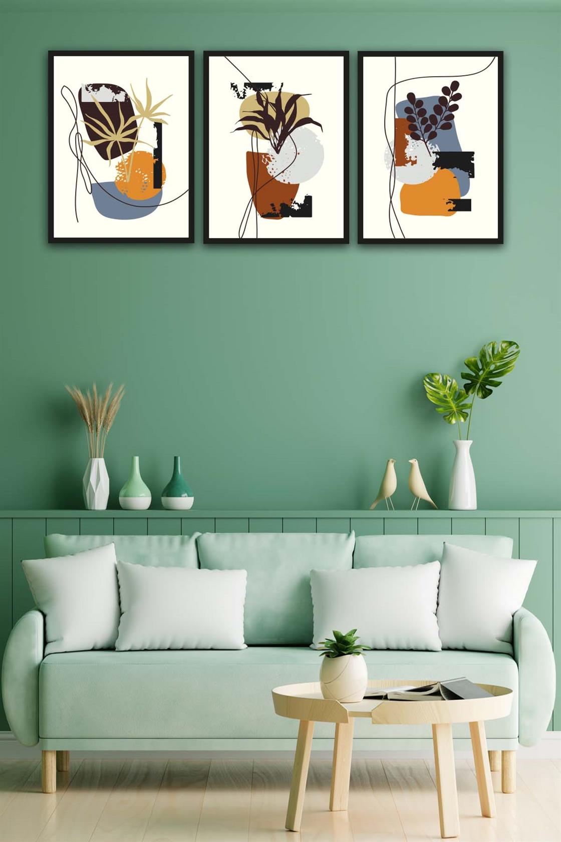 3 Parça Bohem Tarzda Sanatsal Siyah Çerçeve Görünümlü Uv Baskı Mdf Tablo Seti