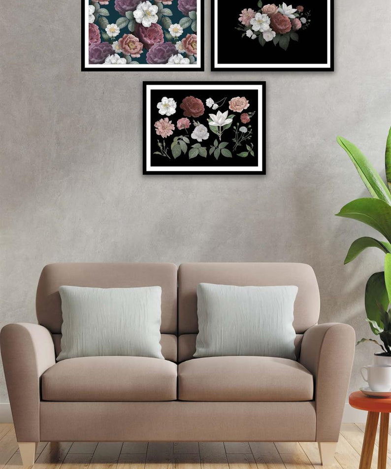 3 Parça Gül Ve Çiçek Tarzında Siyah Çerçeve Görünümlü Mdf Tablo Seti
