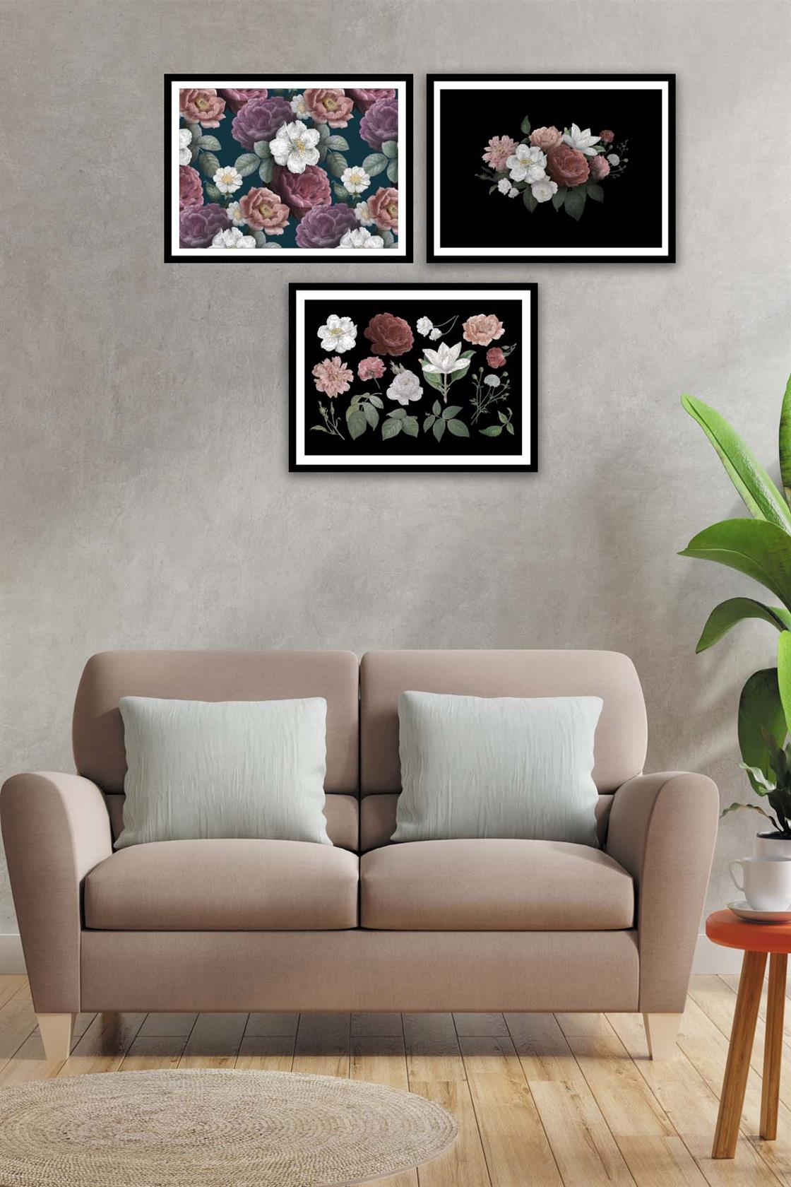 3 Parça Gül Ve Çiçek Tarzında Siyah Çerçeve Görünümlü Mdf Tablo Seti