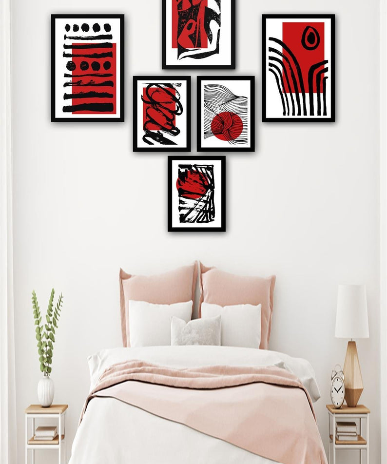 6 Parça Modern Sanat Tarzında Siyah Çerçeve Görünümlü Uv Baskı Mdf Tablo Seti