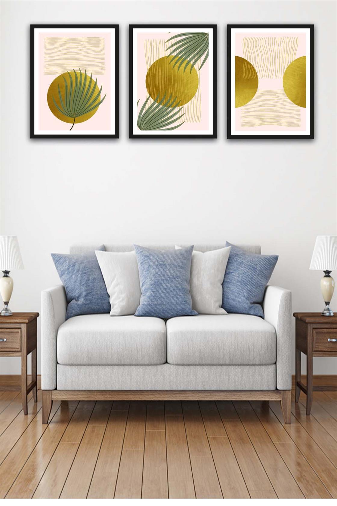 3 Parça Renkli Bohem Tarzında Siyah Çerçeve Görünümlü Tasarım Uv Baskı Mdf Tablo Seti