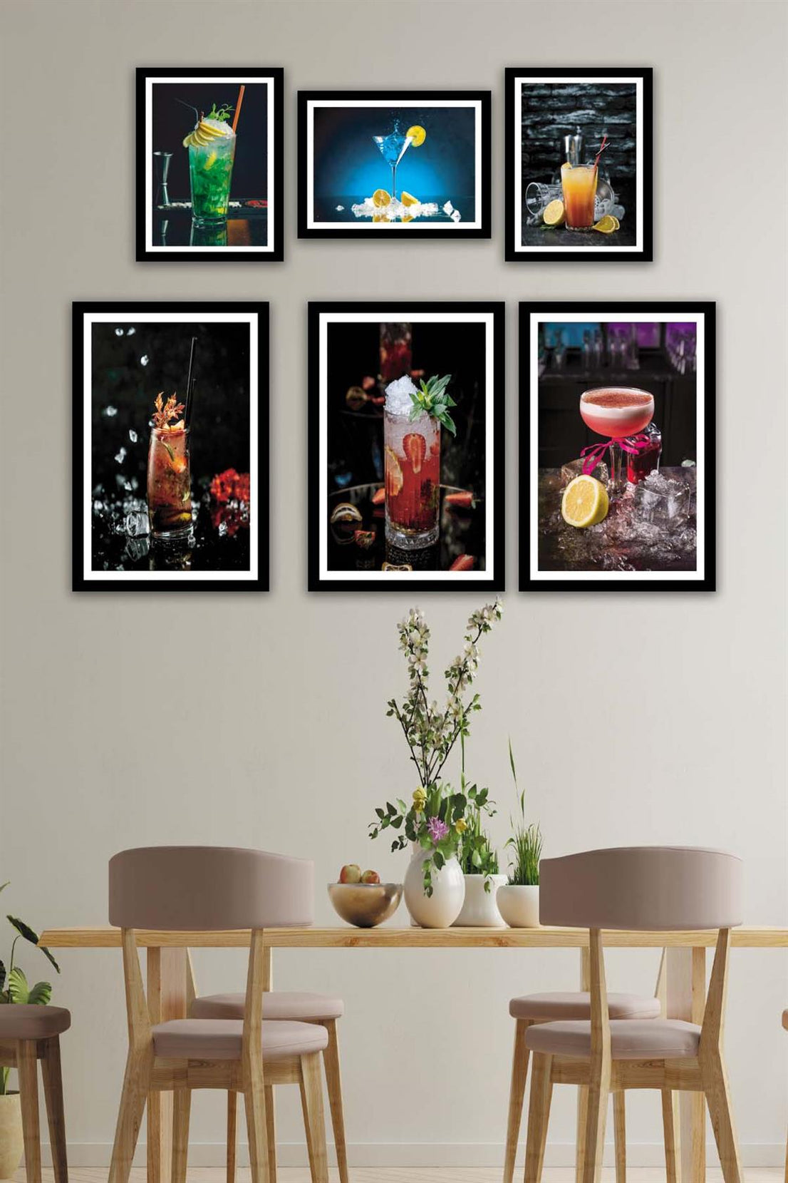 6 Parça İştah Açıcı Meyve Kokteyl Siyah Çerçeve Görünümlü Mdf Ahşap Tablo Seti