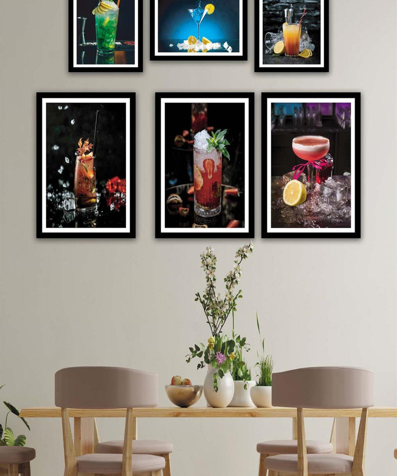 6 Parça İştah Açıcı Meyve Kokteyl Siyah Çerçeve Görünümlü Mdf Ahşap Tablo Seti