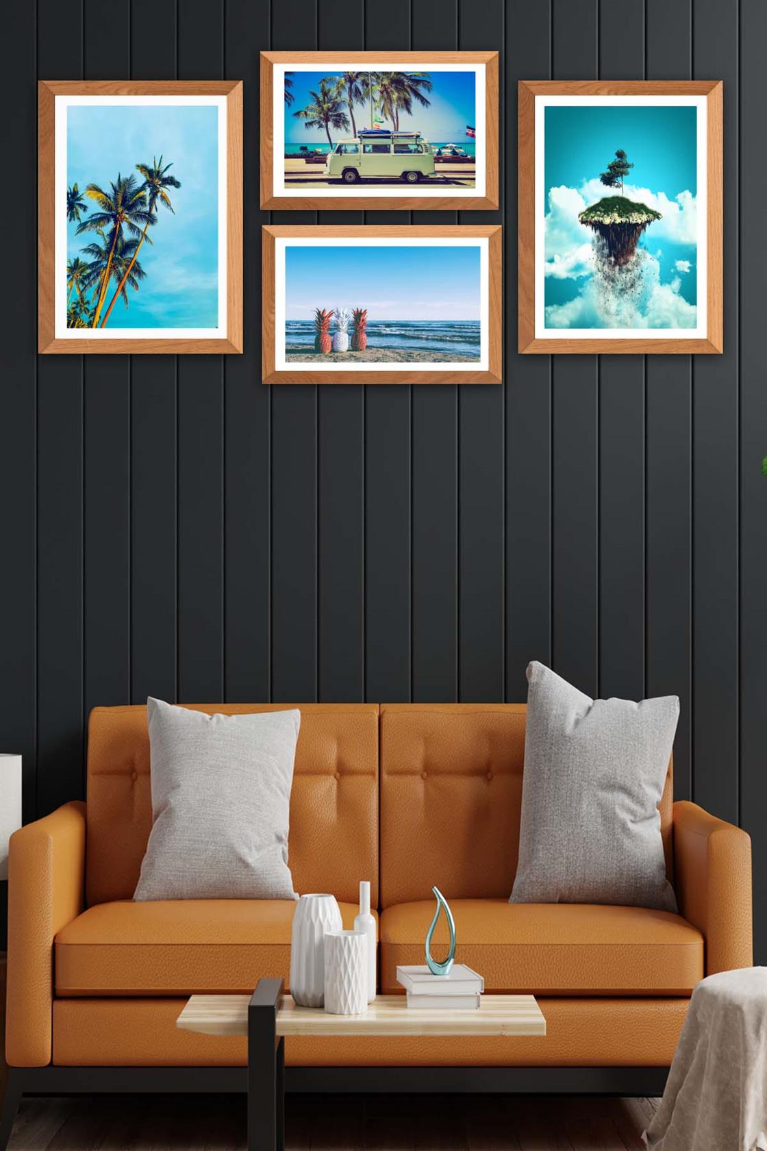 4 Parça Modern Tarzda Yaz Manzarası (Ahşap Çerçeve Görünümlü) Uv Baskı Tablo Seti