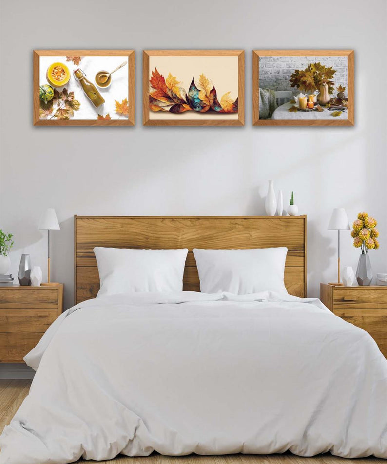 3 Parça Çınar Yapakları Sonbahar Yansıtan Ahşap Çerçeve Görünümlü Mdf Tablo Seti