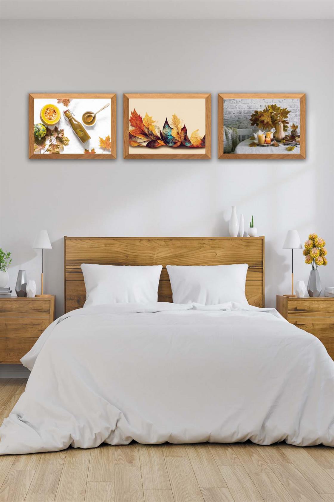 3 Parça Çınar Yapakları Sonbahar Yansıtan Ahşap Çerçeve Görünümlü Mdf Tablo Seti