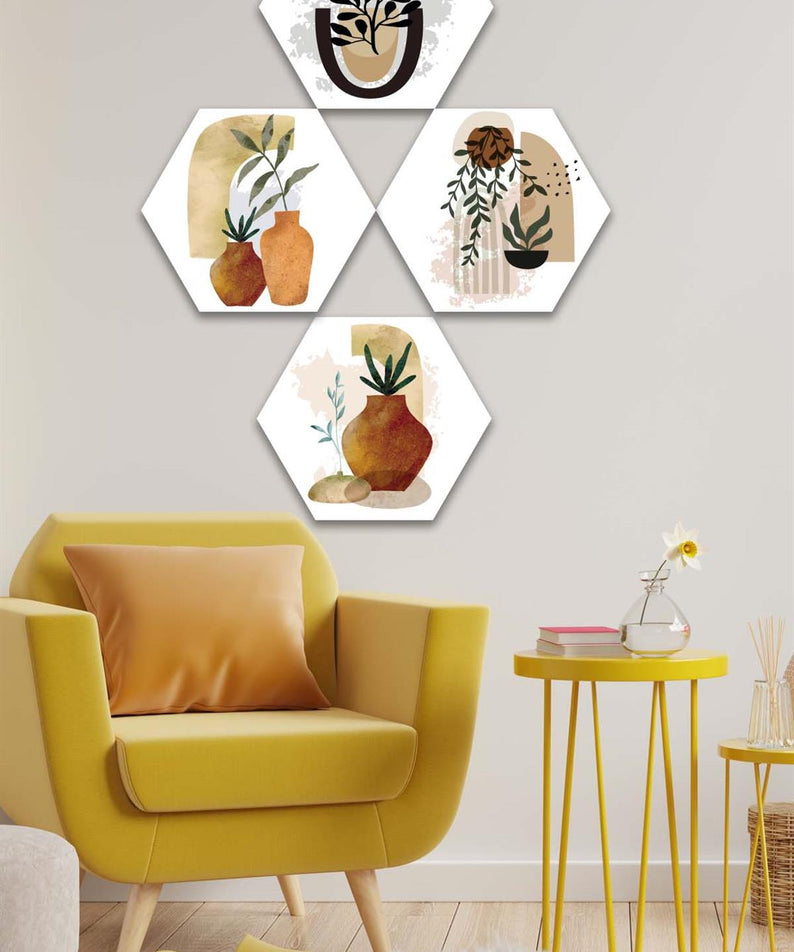 4 Parça Petek Suluboya Modern Tarzda Tasarım Uv Baskı Mdf Tablo Seti