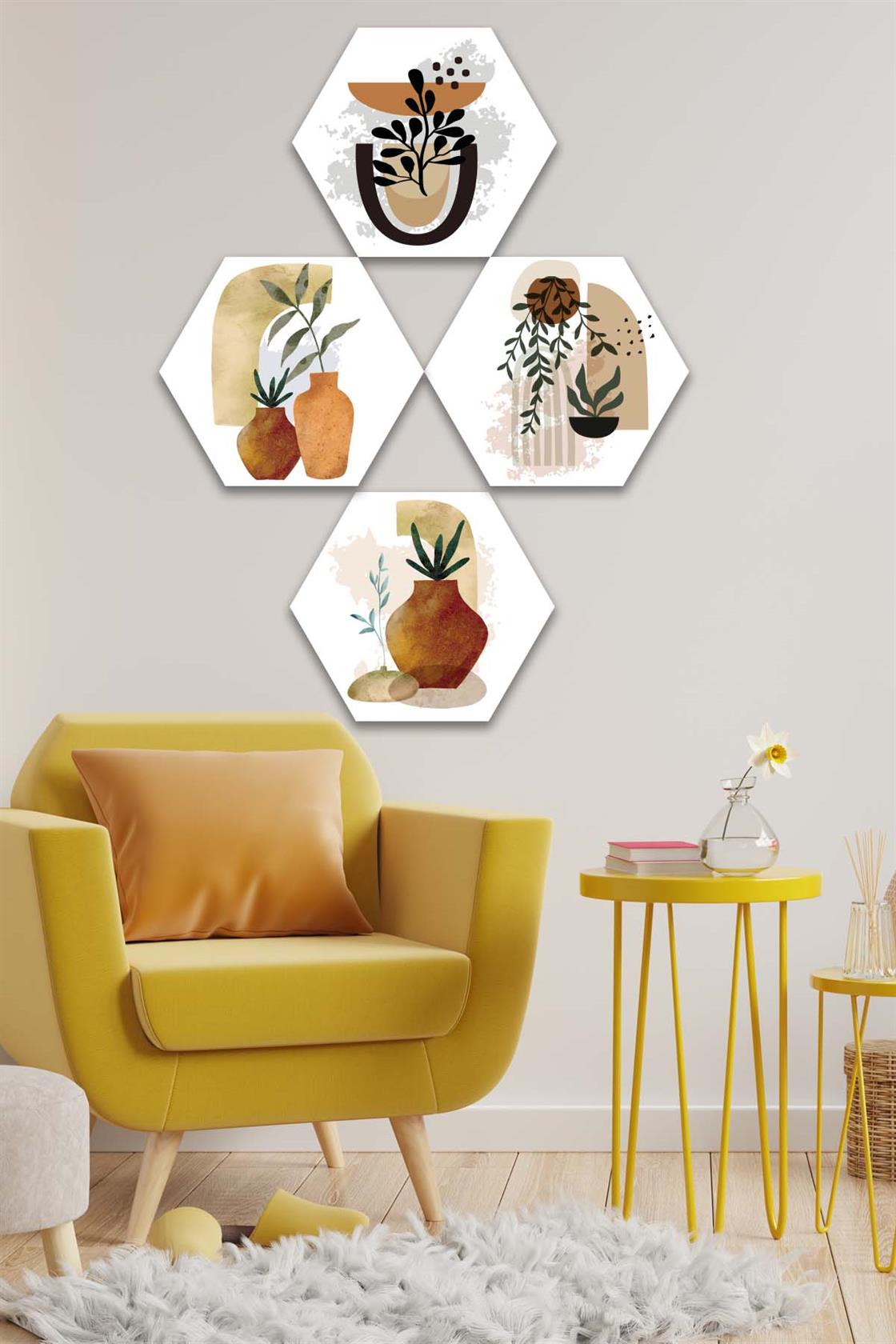 4 Parça Petek Suluboya Modern Tarzda Tasarım Uv Baskı Mdf Tablo Seti