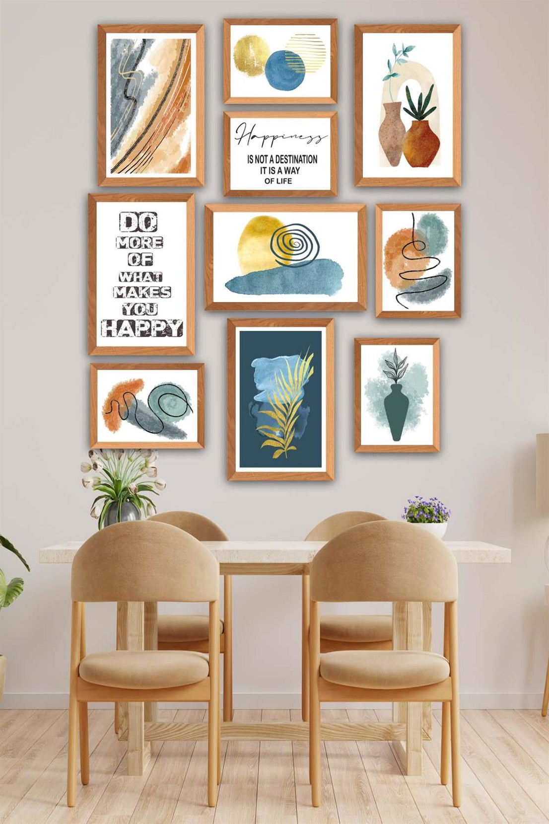 10 Parça Yazı Ve Suluboya Bohem Tarzda (Ahşap Çerçeve Görünümlü) Uv Baskı Tablo Seti