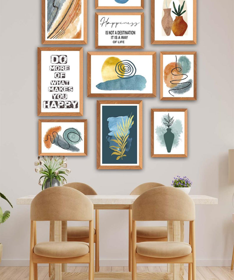 10 Parça Yazı Ve Suluboya Bohem Tarzda (Ahşap Çerçeve Görünümlü) Uv Baskı Tablo Seti