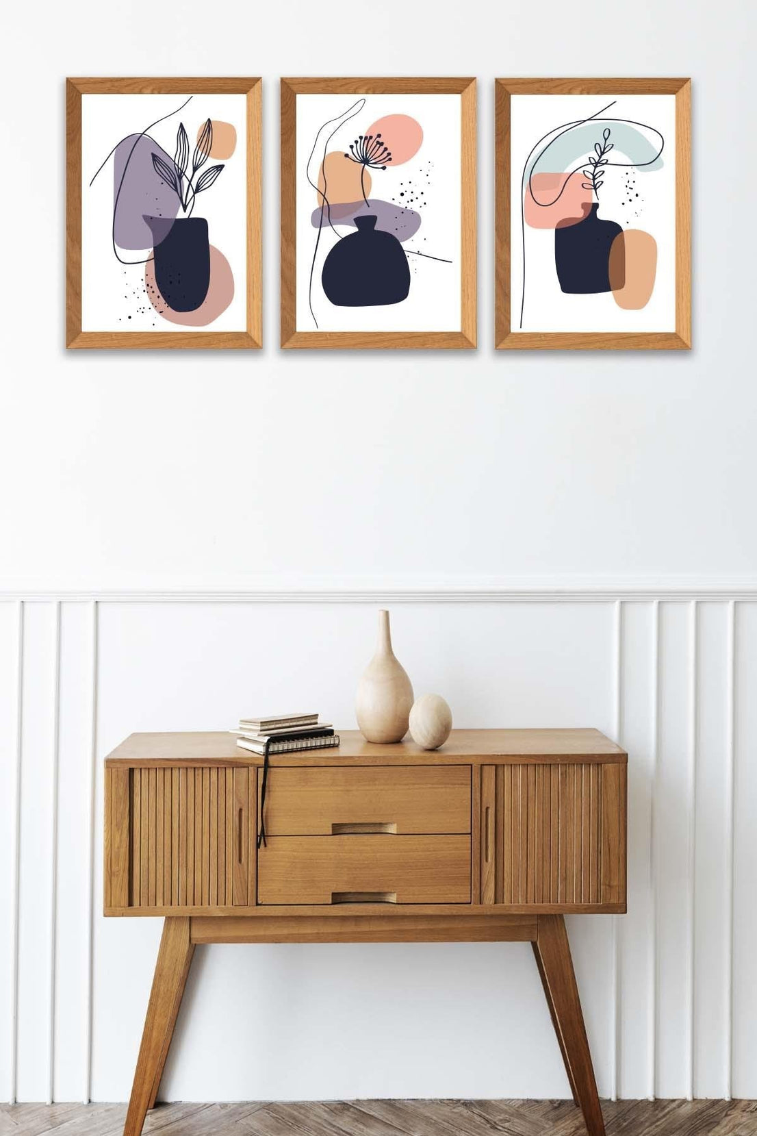 Vazo Temalı Ahşap Çerçeve Görünümlü Tablo Seti