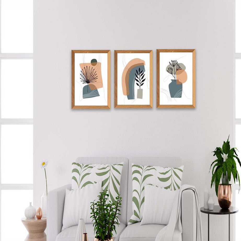 3 Parça Bohem Modern Tarzda (Ahşap Çerçeve Görünümlü) Uv Baskı Tablo Seti