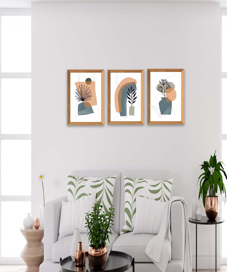 3 Parça Bohem Modern Tarzda (Ahşap Çerçeve Görünümlü) Uv Baskı Tablo Seti