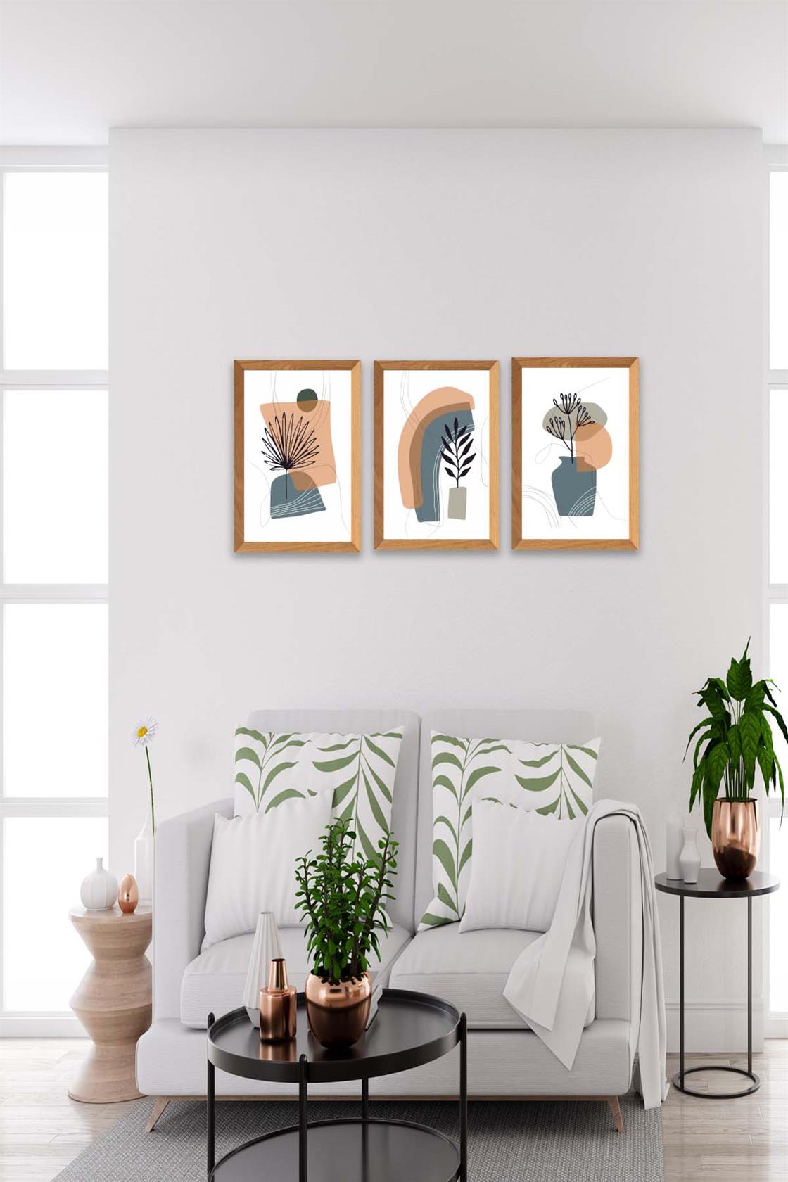 3 Parça Bohem Modern Tarzda (Ahşap Çerçeve Görünümlü) Uv Baskı Tablo Seti