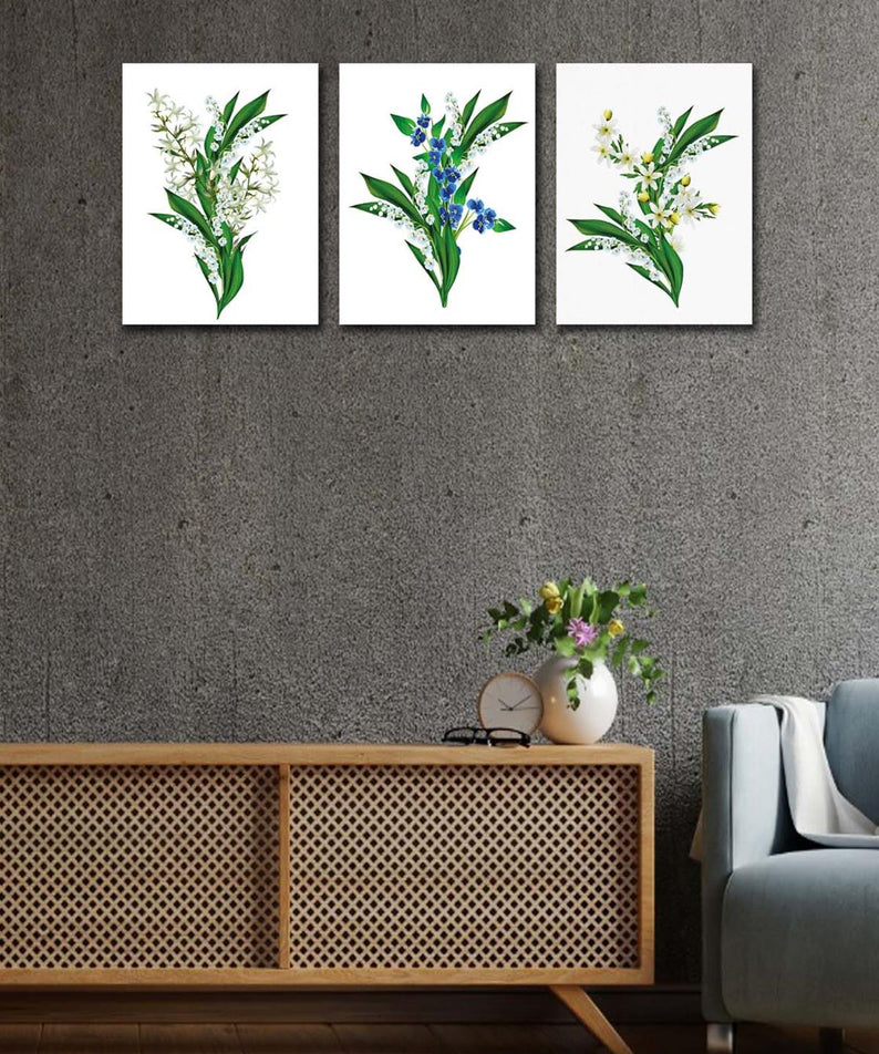 3 Parça Yeşil Çiçekler Tablo Seti