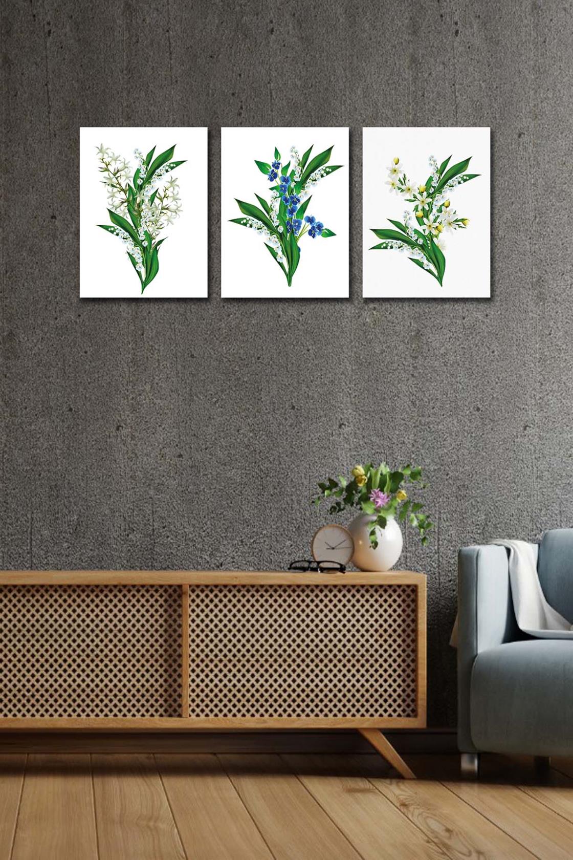 3 Parça Yeşil Çiçekler Tablo Seti