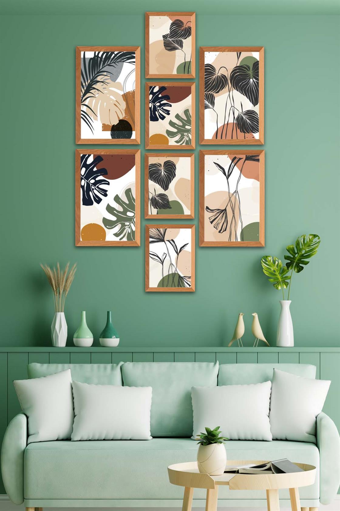 8 Parça Bohem Tarzda Sanatsal Ahşap Çerçeve Görünümlü Uv Baskı Mdf Tablo Seti