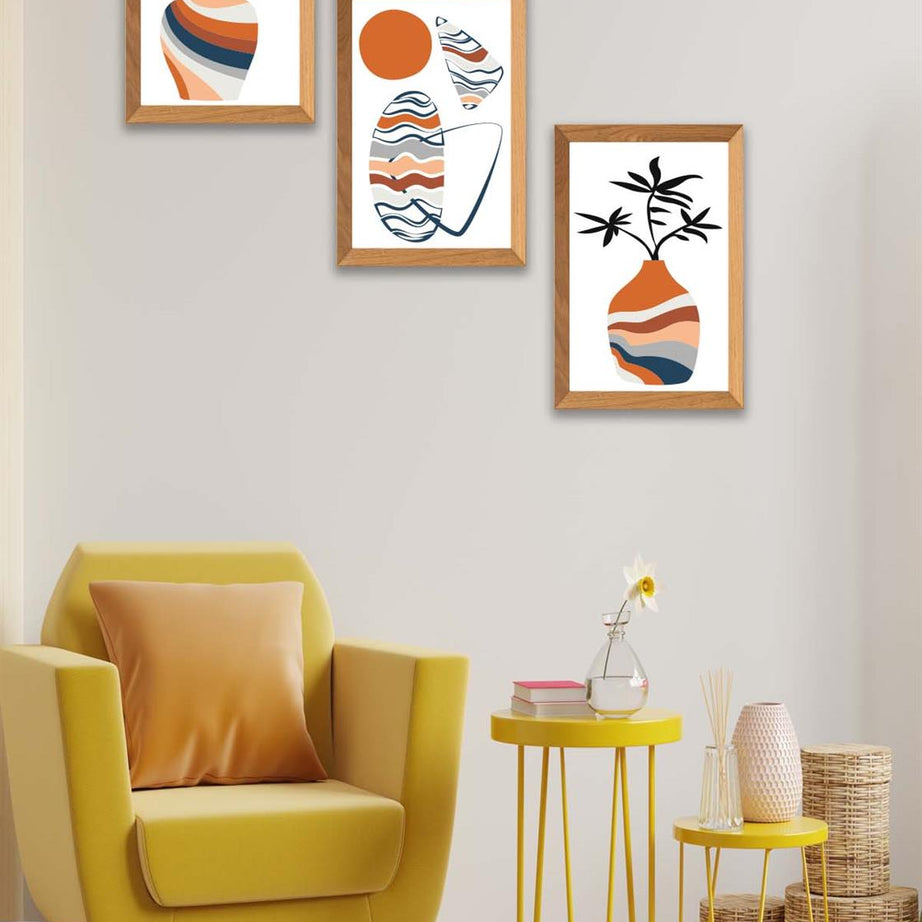 3 Parça Modern Sanatsal Bohem Tarzda (Ahşap çerçeve görünümlü) Uv Baskı Mdf Tablo Seti
