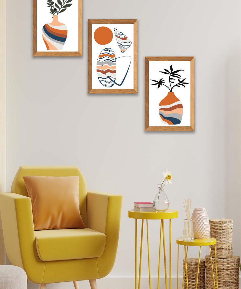 3 Parça Modern Sanatsal Bohem Tarzda (Ahşap çerçeve görünümlü) Uv Baskı Mdf Tablo Seti