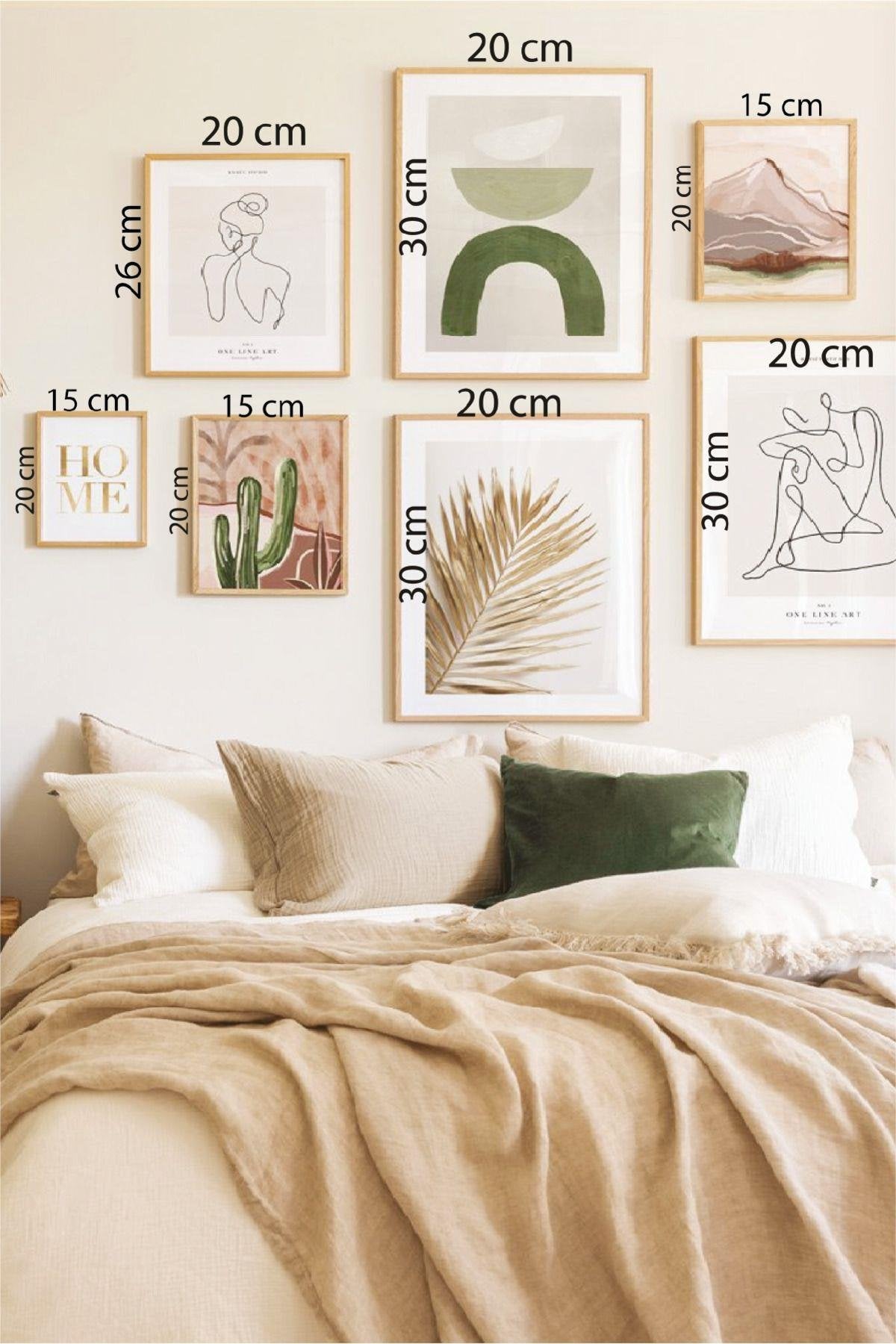 7 Parça Tüy Ve Kaktüs Temalı Ahşap Çerçeve Görünümlü Tablo Seti