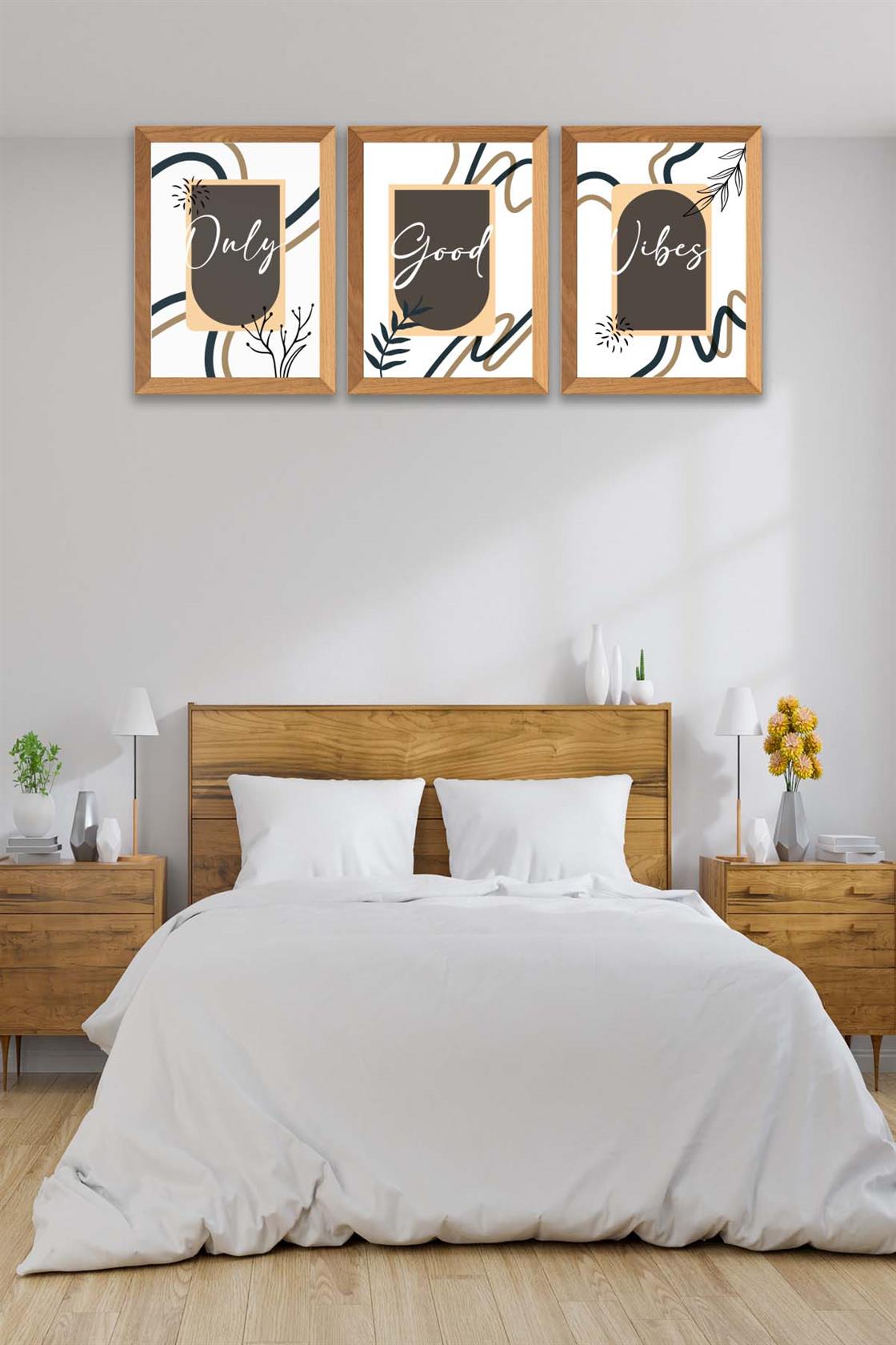 3 Parça Modern Sanatsal Tarzda (Ahşap çerçeve görünümlü) Uv Baskı Mdf Tablo Seti