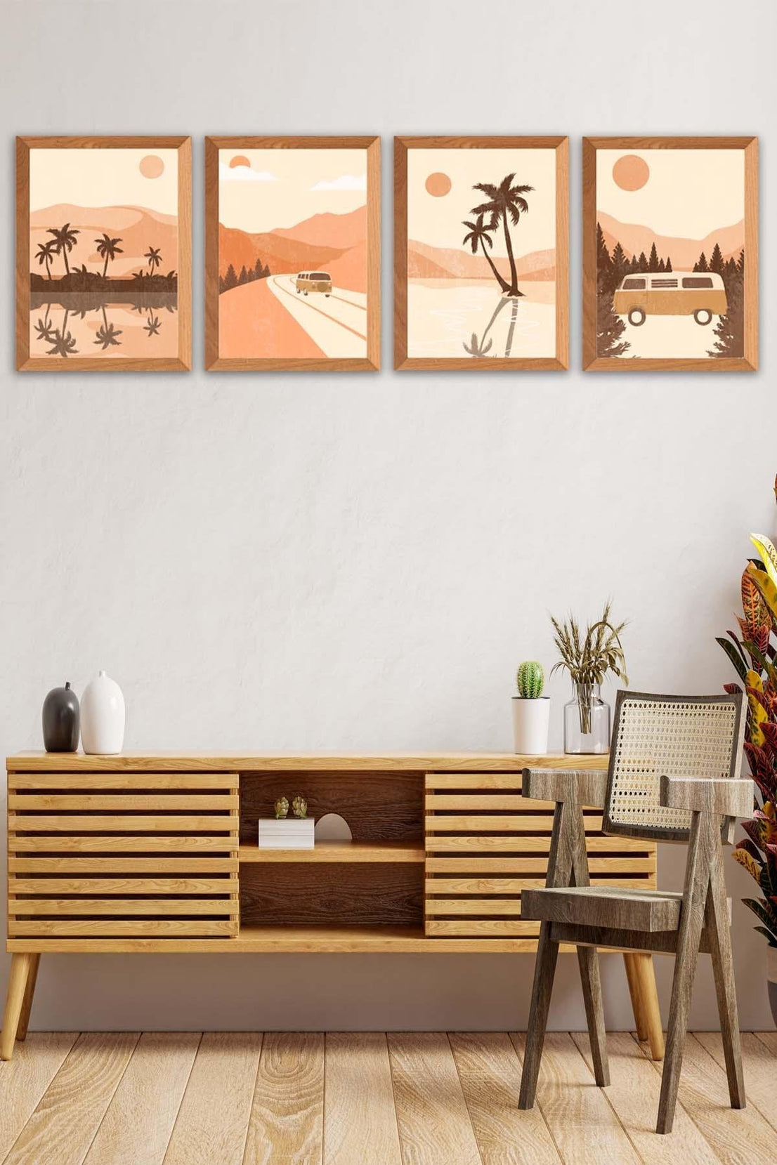 Yaz Ve Palmiye Temalı Ahşap Çerçeve Görünümlü Tablo Seti