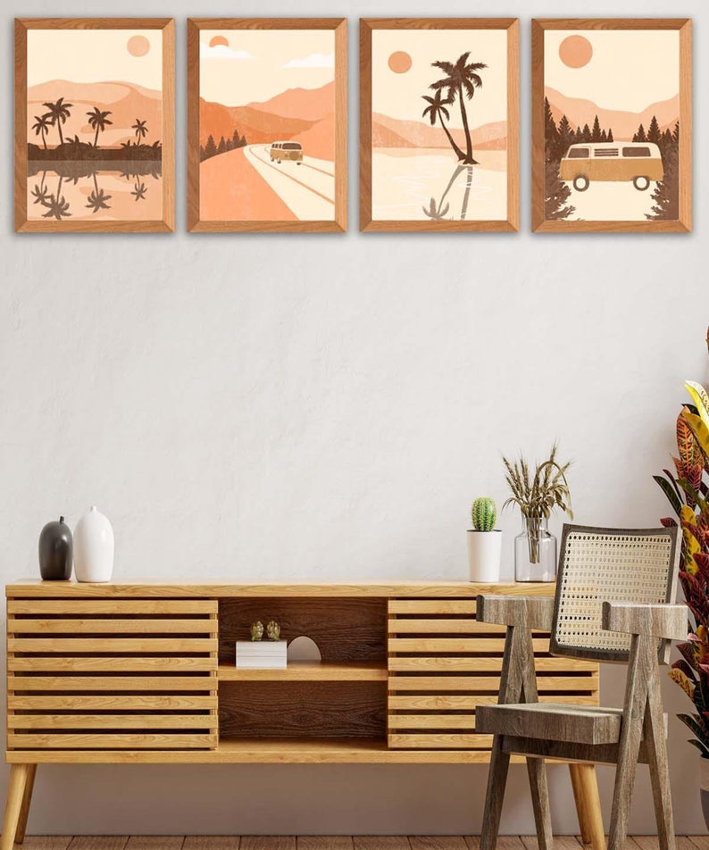 Yaz Ve Palmiye Temalı Ahşap Çerçeve Görünümlü Tablo Seti