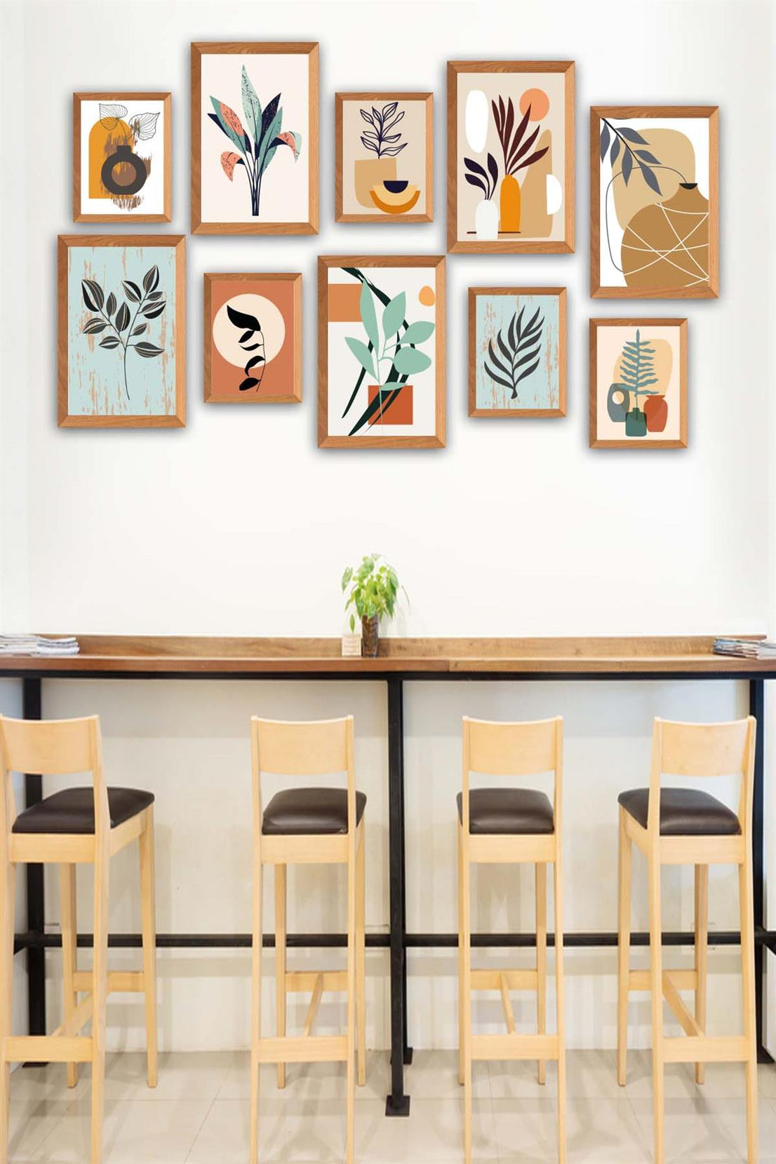 10 Parça Bohem Tarzında Sanatsal (Ahşap çerçeve görünümlü) Uv Baskı Mdf Tablo Seti