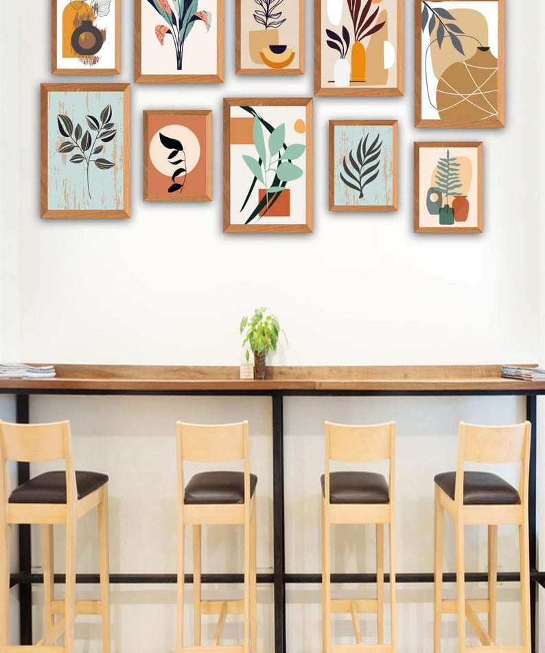 10 Parça Bohem Tarzında Sanatsal (Ahşap çerçeve görünümlü) Uv Baskı Mdf Tablo Seti